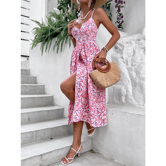 Boho Floral Print Split Thigh Shirred Cami Strap Midi Dress pink - Picture 4 of 6